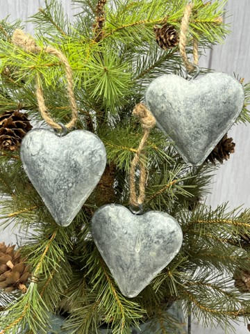 3” Metal 3D Heart Ornament-Distressed Gray, Set/3