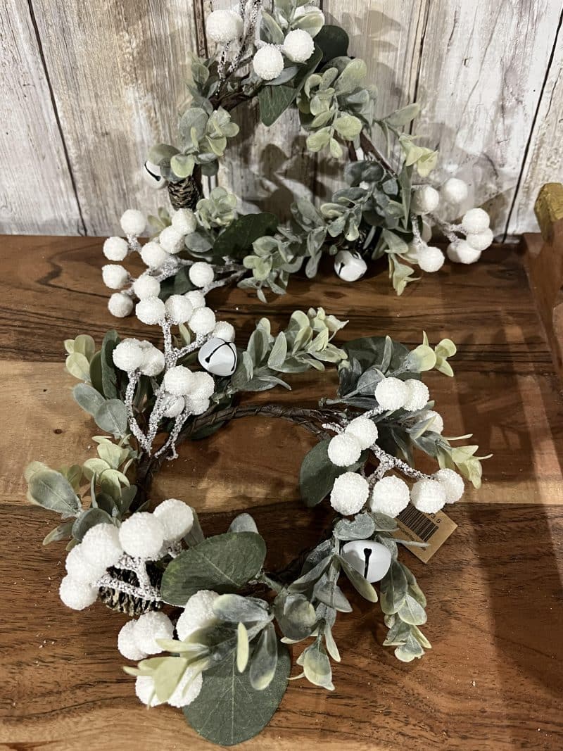 Frosted Eucalyptus White Berry Winter Candle Ring Set of 2 - Image 3