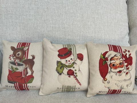 Mini Pillows – Vintage Deer, Santa & Snowman, Set/3