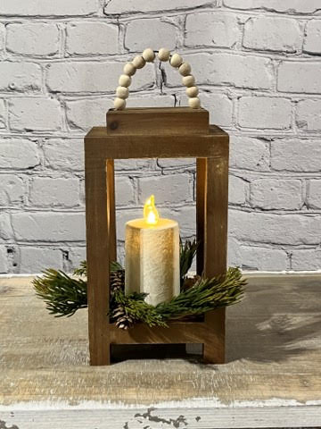 Wood Lantern With Bead Hanger, Pillar Candle, And Candle Ring