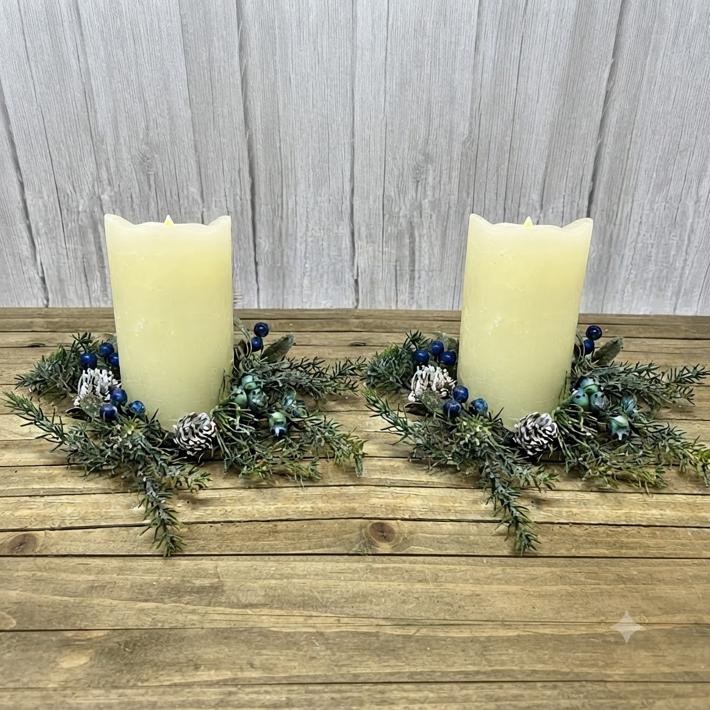 4” Sparkled Jupiter Pines with Blueberries Candle Ring / Set of 2