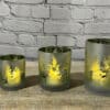 Set of 3 Frosted Glass Votives W/Green Interior Deer Winter Scene