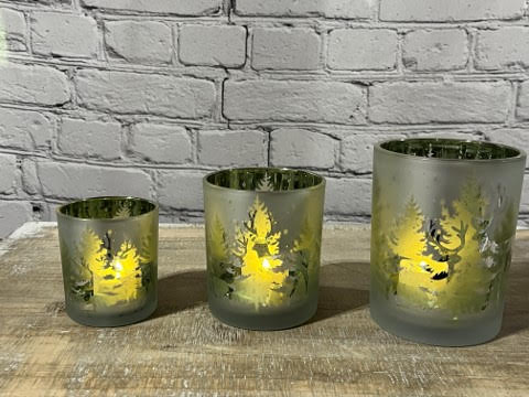 Set of 3 Frosted Glass Votives W/Green Interior Deer Winter Scene