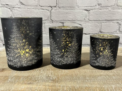 Set of 3 Glass Matte Gray W/Silver Interior Star Night Pine Tree Votives