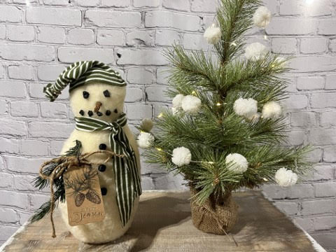 Handmade Snowman with Green & White Stripe Hat & Scarf