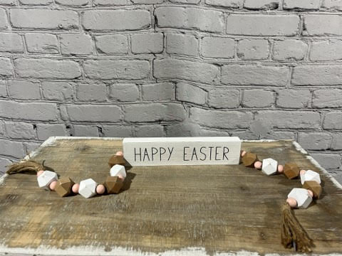 Wood Happy Easter Block Sign with Bead/Tassel Finials