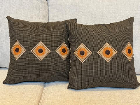 Black & Tan Check Homespun Pillow Cover with Sunflowers, Set/2
