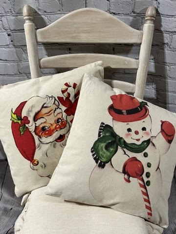 Vintage Snowman Pillow or Santa Pillow, 18”x18”