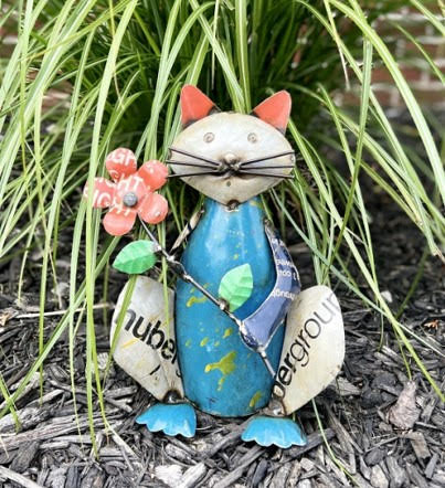 Recycled Metal Cat Holding Flower