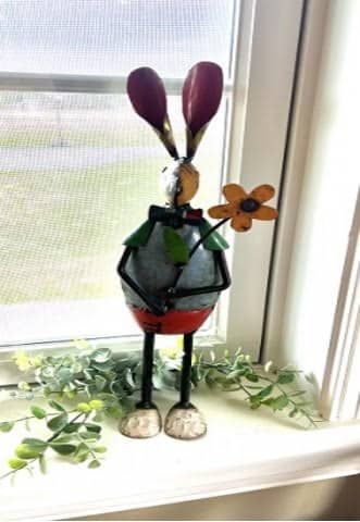 Recycled Metal Rabbit W/Flower