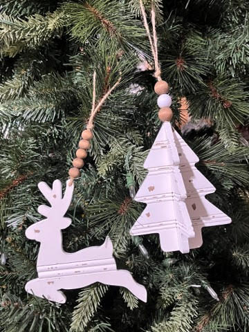 Deer & Tree White Wood Chippy Ornament Set
