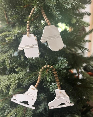 Mittens & Skates White Chippy Wood Ornament Set