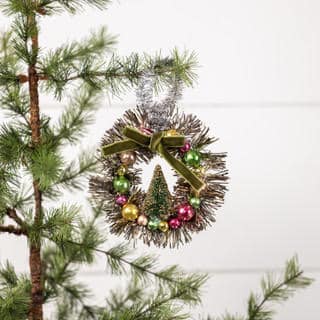 Ragon House 4” Beaded Tinsel Wreath Ornament w/Green Bow, Set/2
