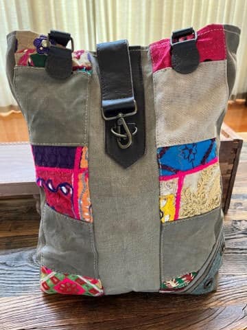 Patchwork Recycled Military Tent Tote with Vintage Fabric Accents2