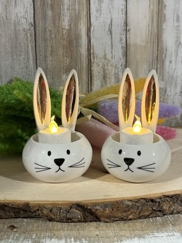 4.25” Ceramic Bunny Ears Tealight Holder, Set/2