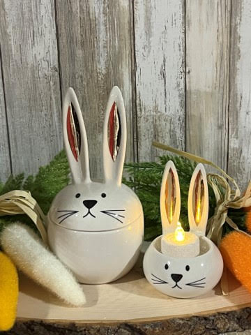 Ceramic Bunny Ears Box & Tealight Holder Set