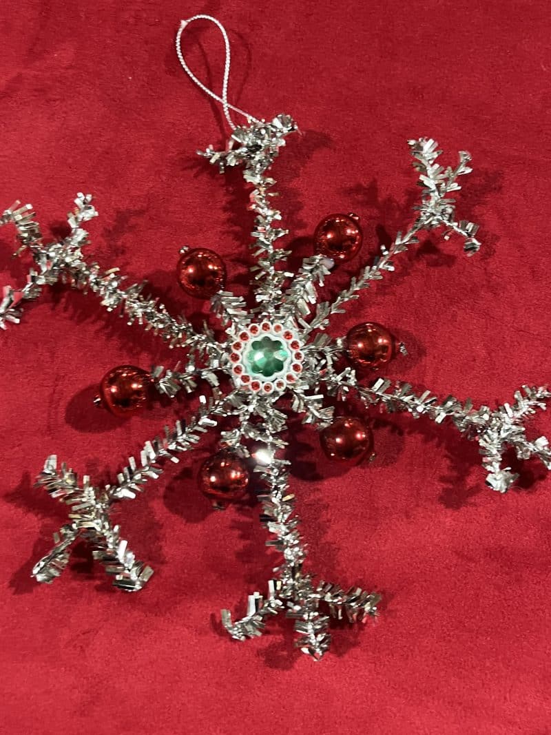 Tinsel Snowflake Ornaments W/Glass Beads Red, Green, Gold - Image 4