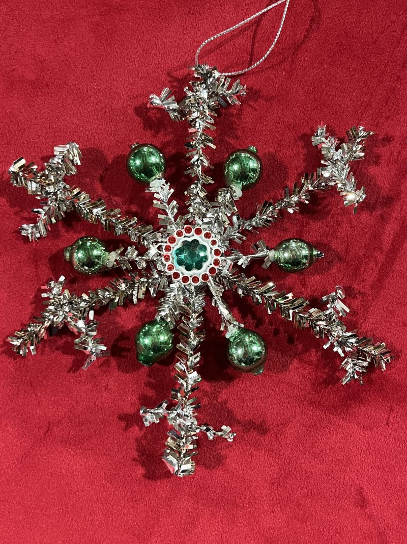 Tinsel Snowflake Ornaments W/Glass Beads Red, Green, Gold - Image 2