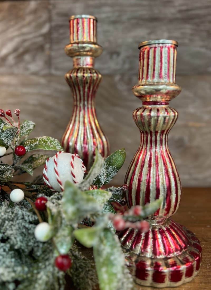 Candy Striped Glas Taper Holder Set of2