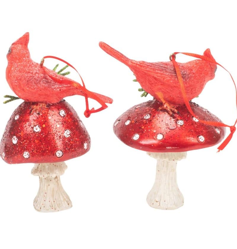 Cardinal On Mushroom Ornaments Set of 2 - Image 3