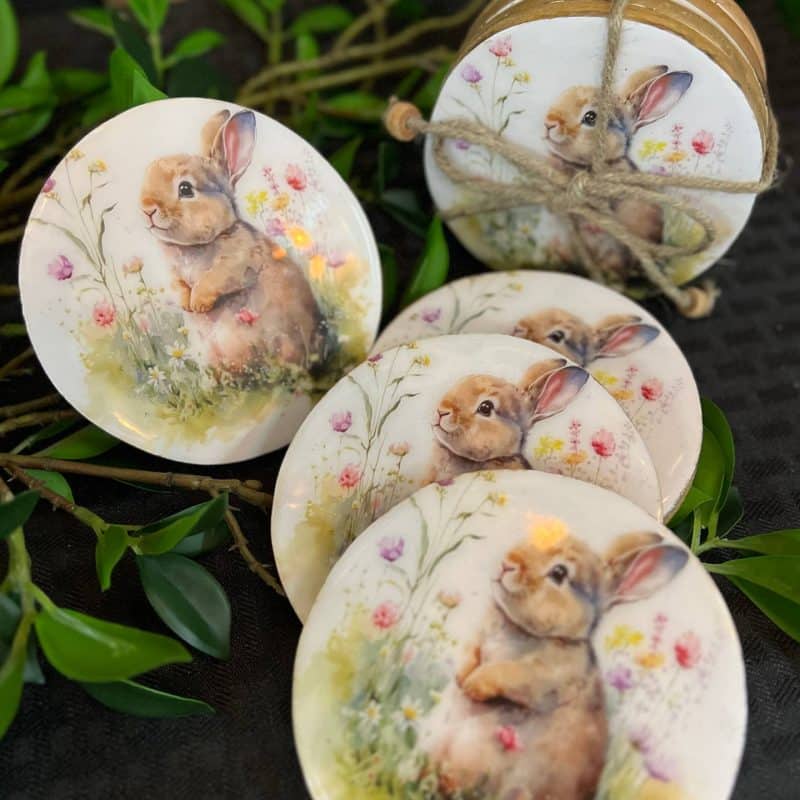 4" Enameled Bunny with Flowers Coaster Set of 4 - Image 2