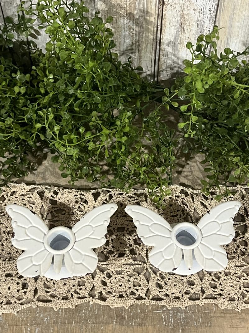 Set of 2  White Distressed Metal Butterfly Taper Holders - Image 3