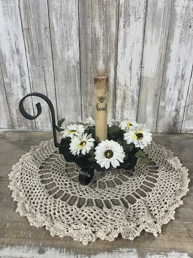 Metal Fluted Candle Holder  with White Daisy Candle Ring and Bee Kind Taper Set