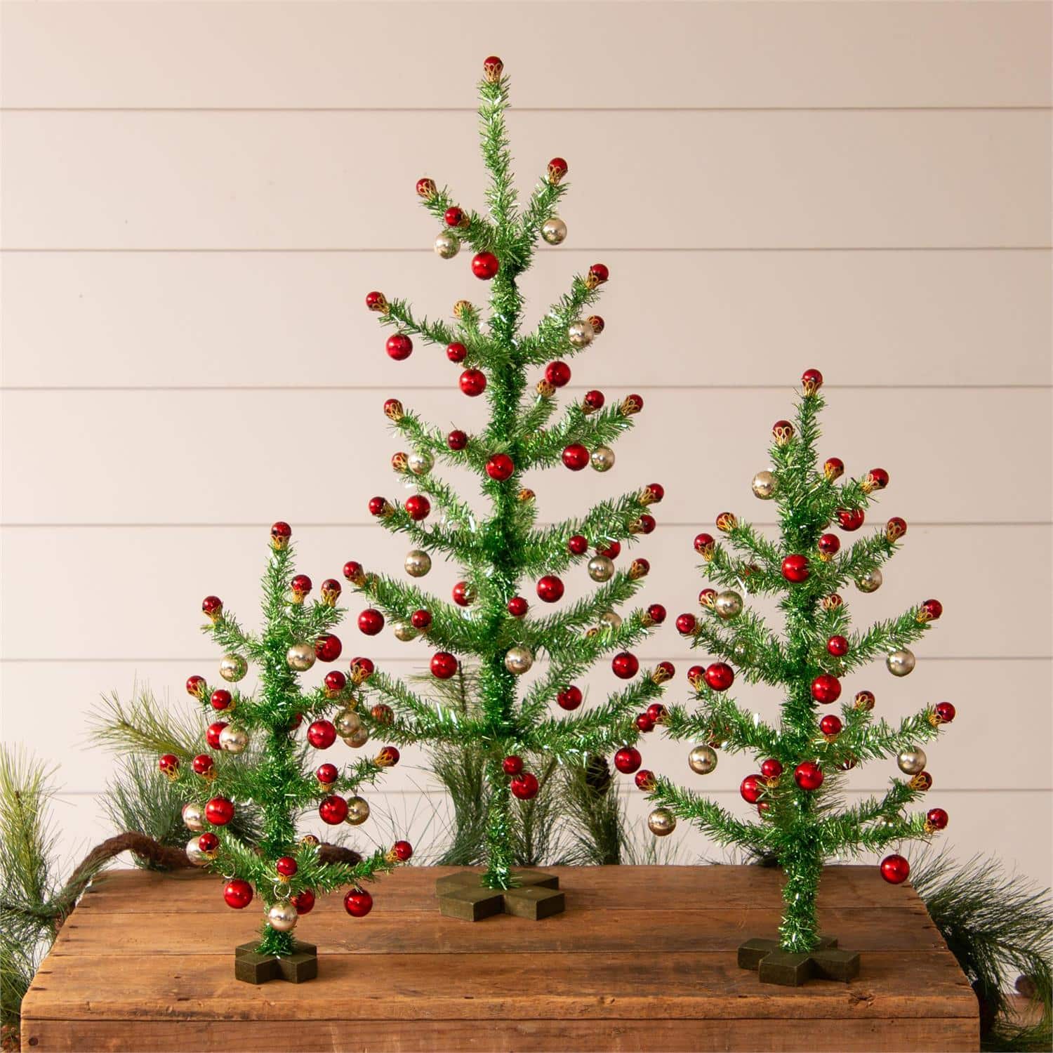 Set of three Vintage Christmas Trees with Ornaments