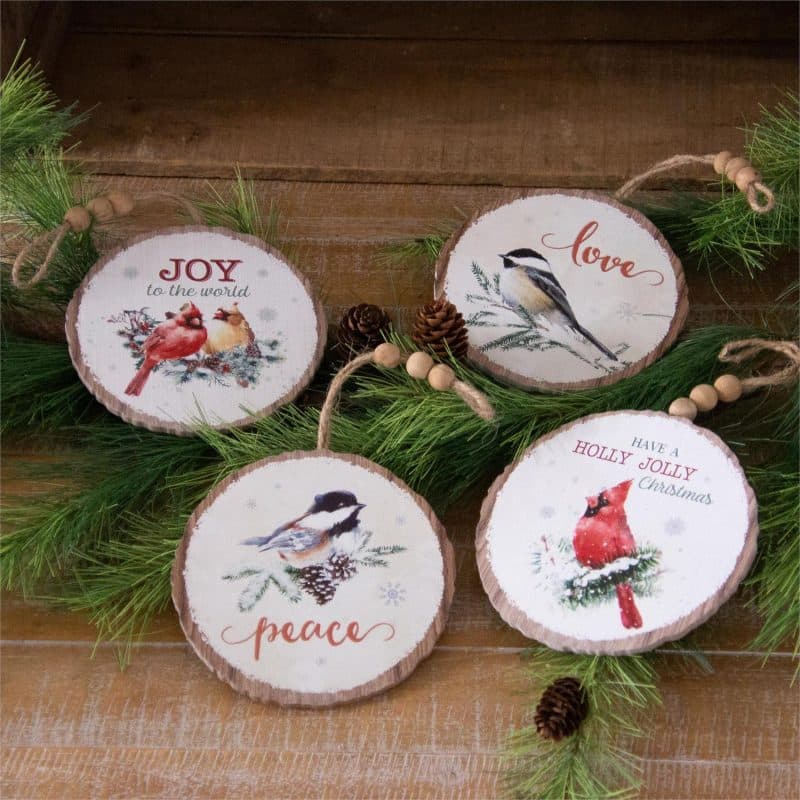 Set of Four 6" Round Wood Slice Ornaments - Winter Birds