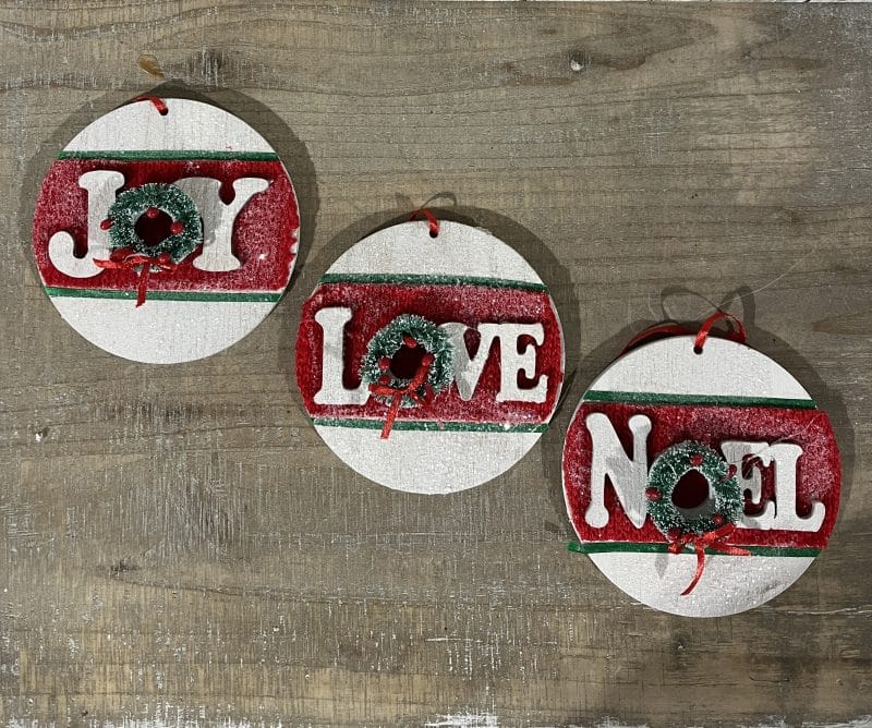 "Noel," "Love" and "Joy" Wreath Ornaments, 3 Assorted