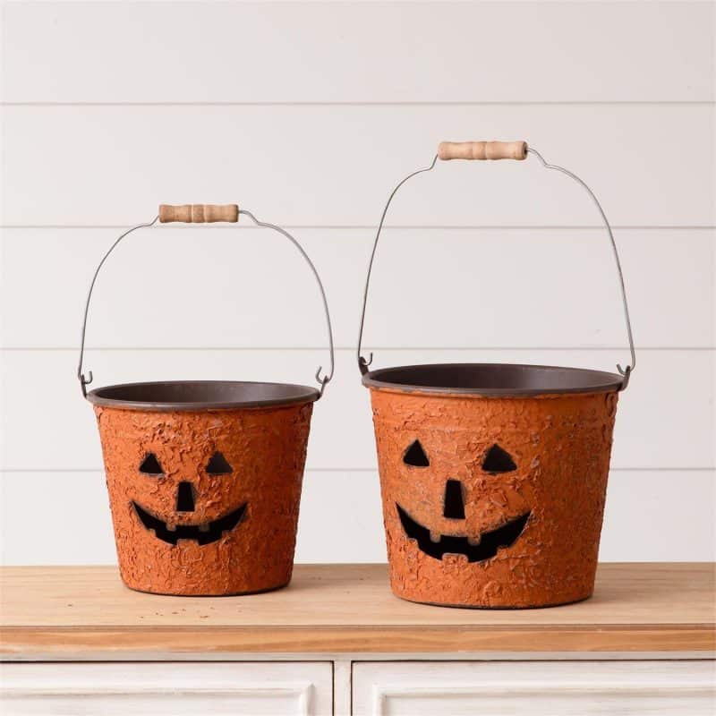 Set of 2 Metal Jack O Lantern Bucket- Rusty