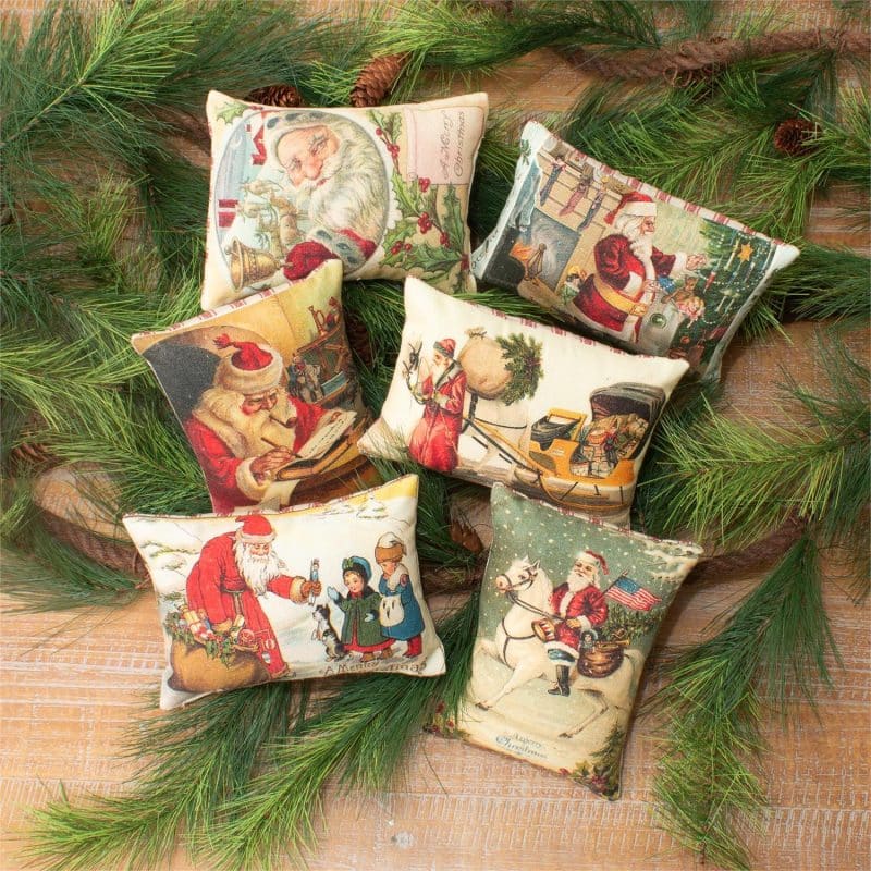 Mini Pillow Ornaments- Vintage Santa Postcards / Set of 6