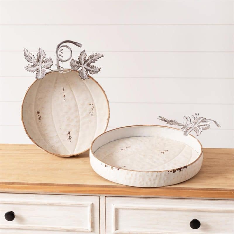 Set of 2 Pumpkin Shaped Trays- Distressed White