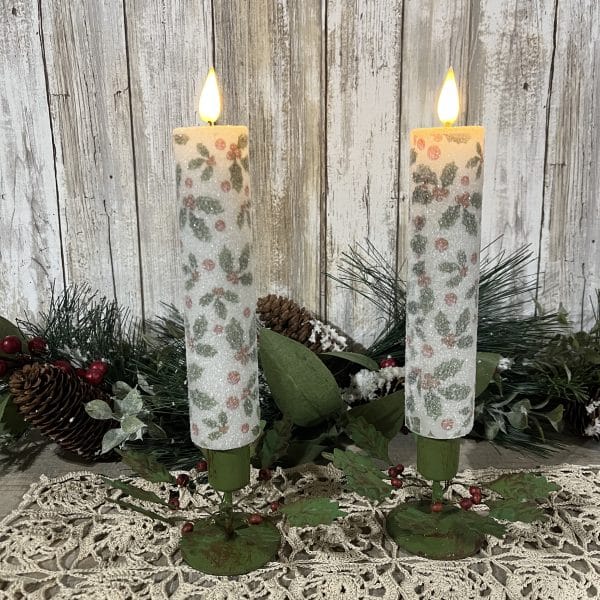 Set of 2 Holly LED Timer Taper Candles