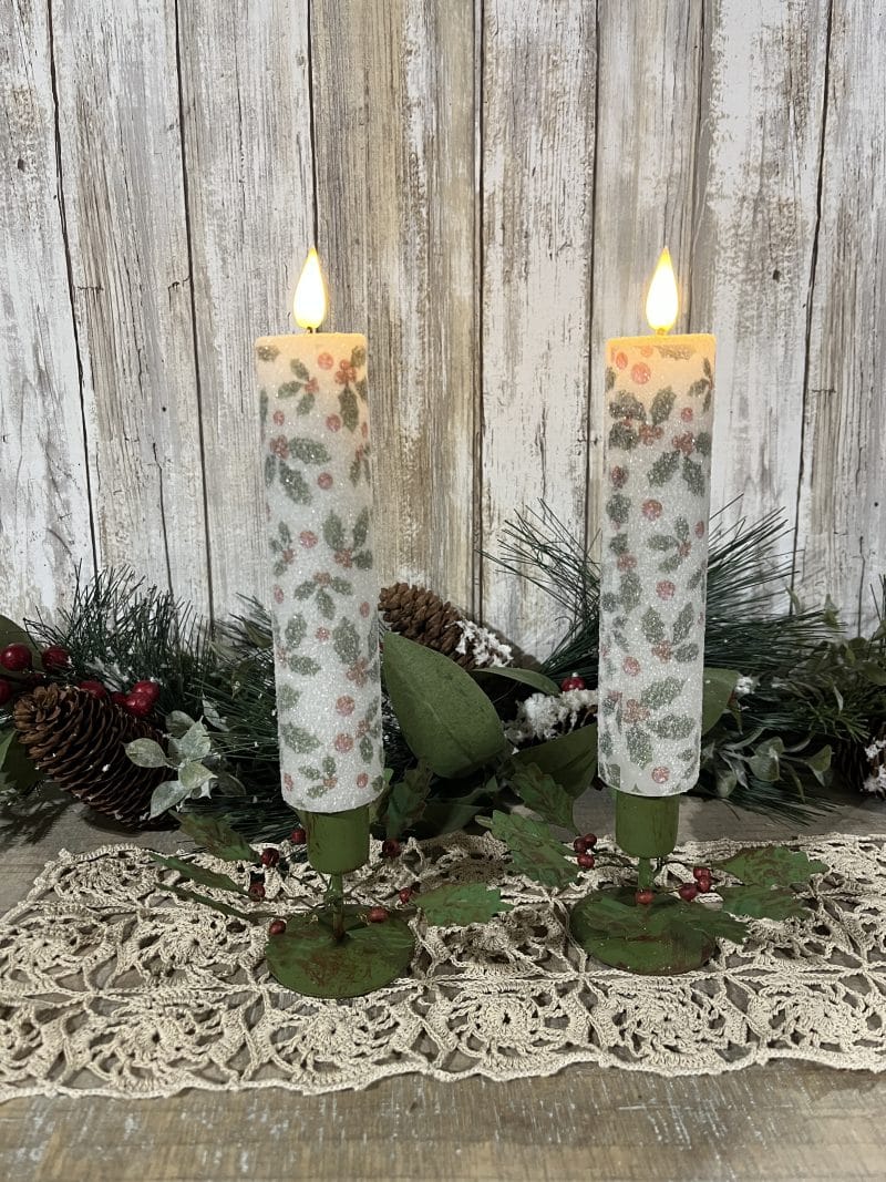 Set of 2 Holly LED Timer Taper Candles