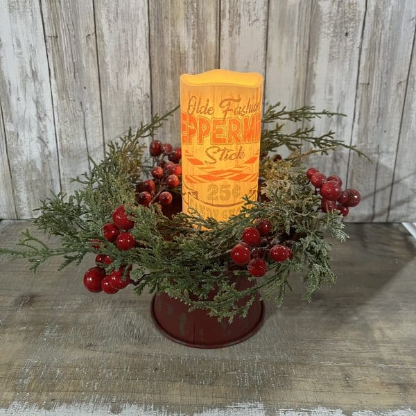 Red Distressed Metal Pie Pan Candle Stand