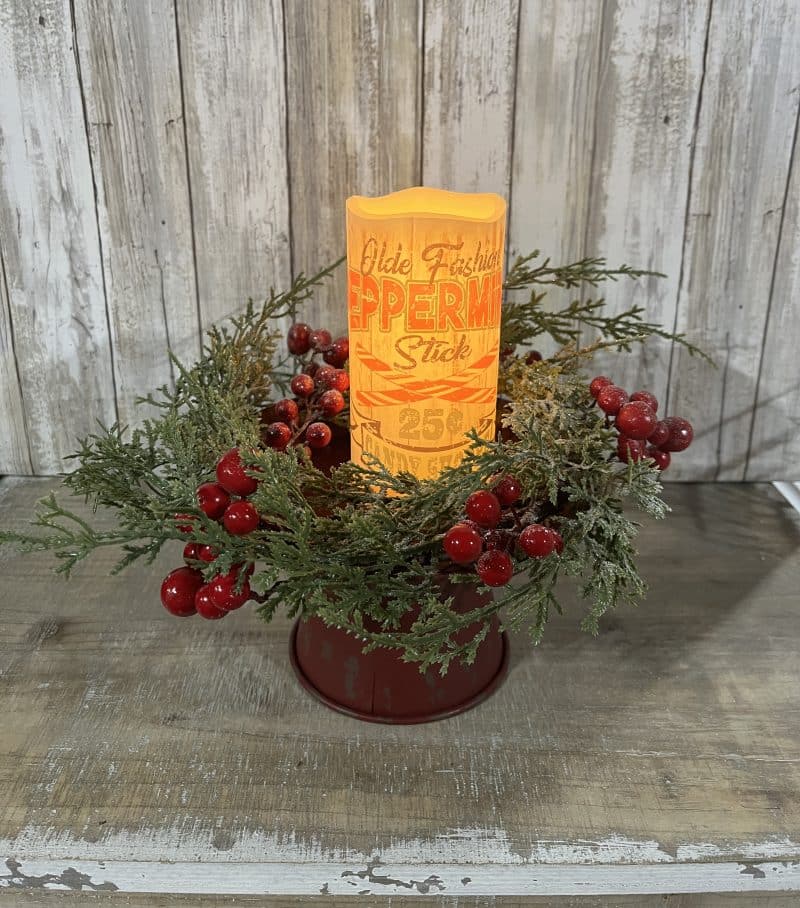 Red Distressed Metal Pie Pan Candle Stand