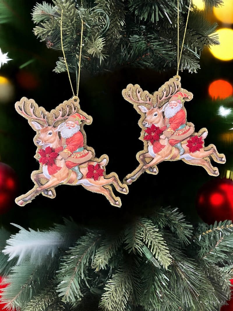 Santa On Deer Ornament