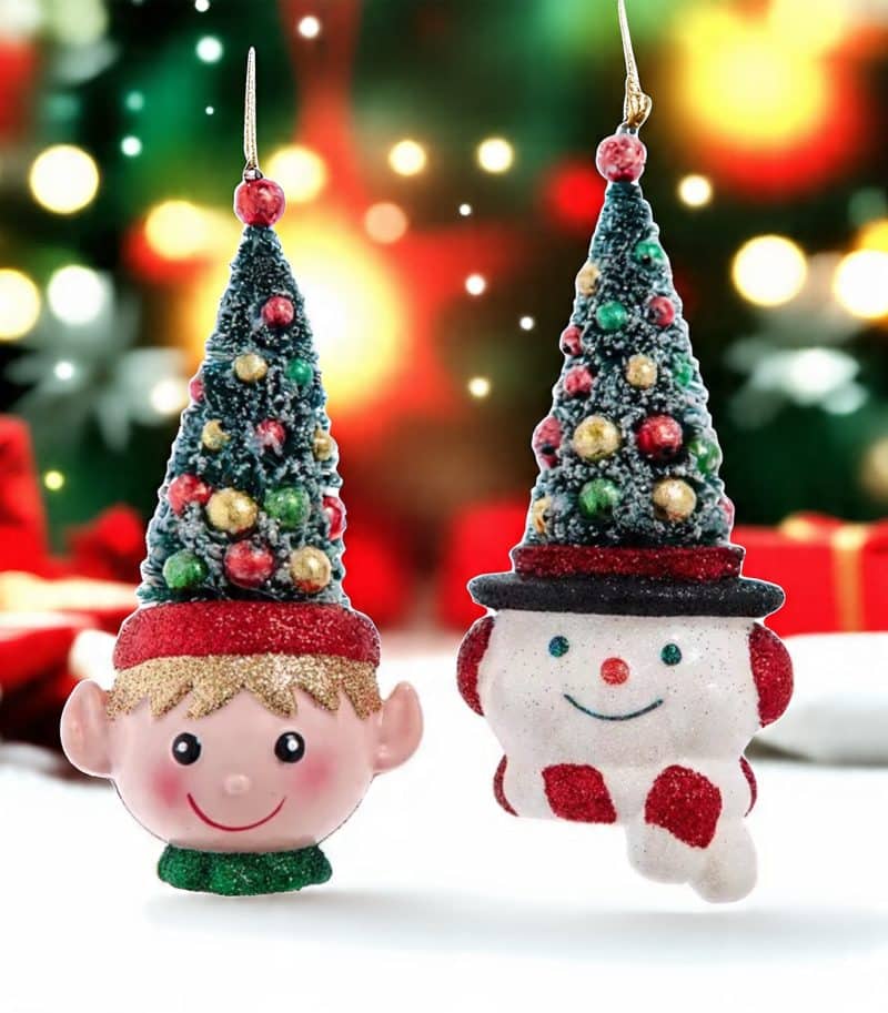 Elf & Snowman With Christmas Tree Hat Ornaments, Set of 2
