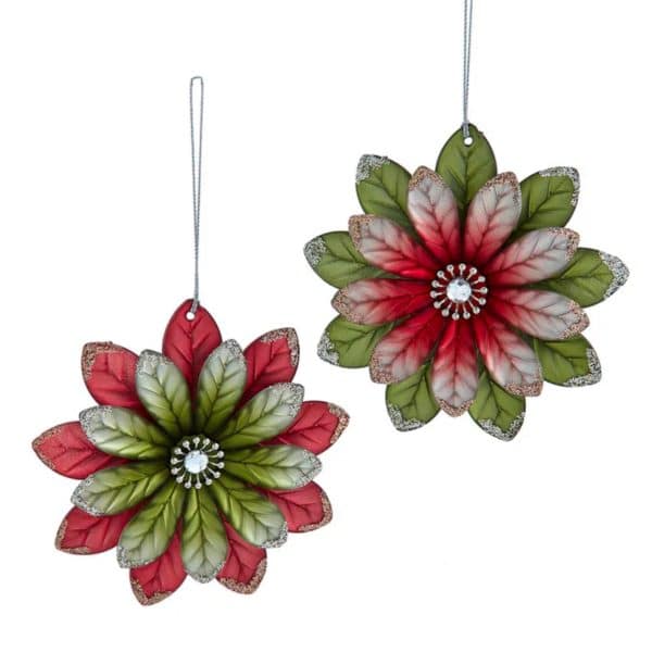 Alternative view of Red & Olive Green Flower Ornaments, Set of 2
