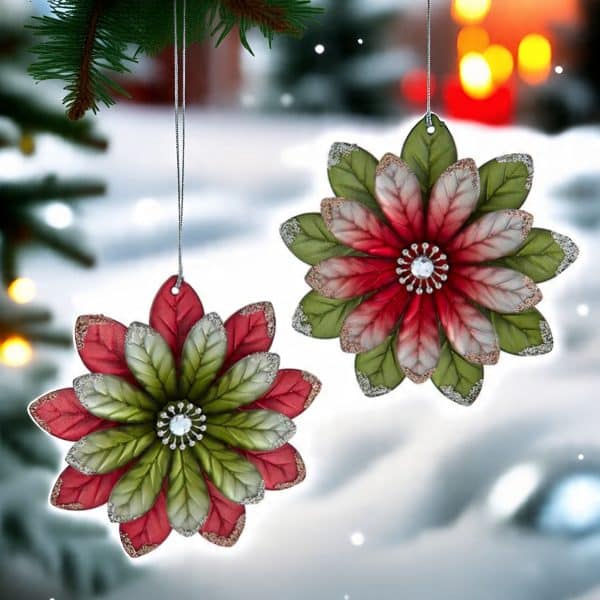 Red & Olive Green Flower Ornaments, Set of 2