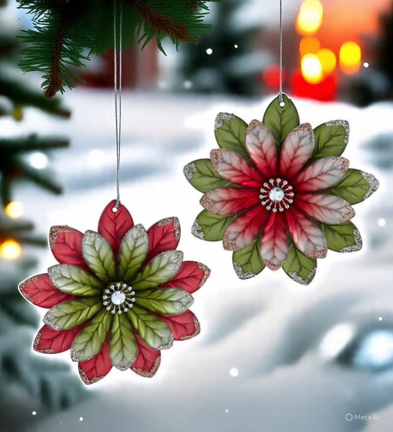 Red & Olive Green Flower Ornaments, Set of 2