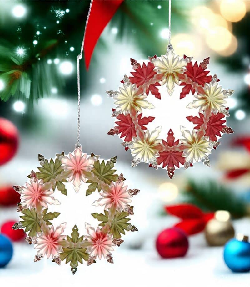 Red & Olive Green Snowflake Wreath Ornaments, Set of 2