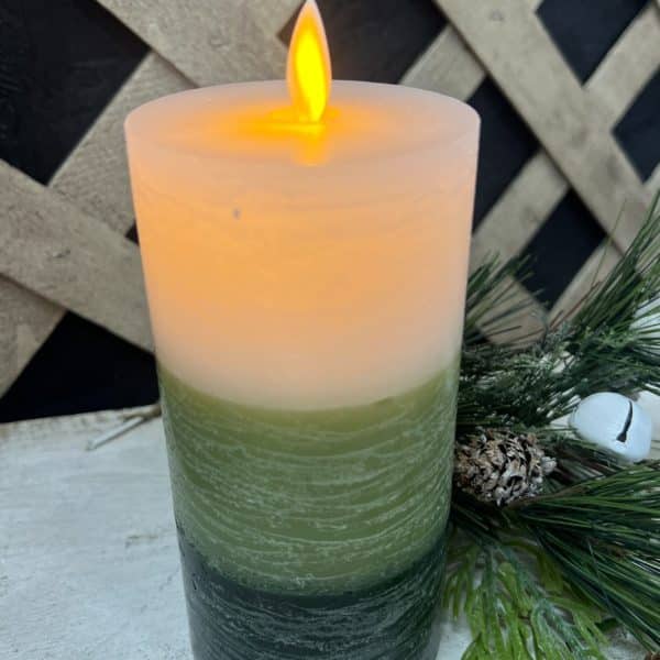 White and Green 3 Layer Rustic Finish Moving Flame LED Candle 3in by 6in