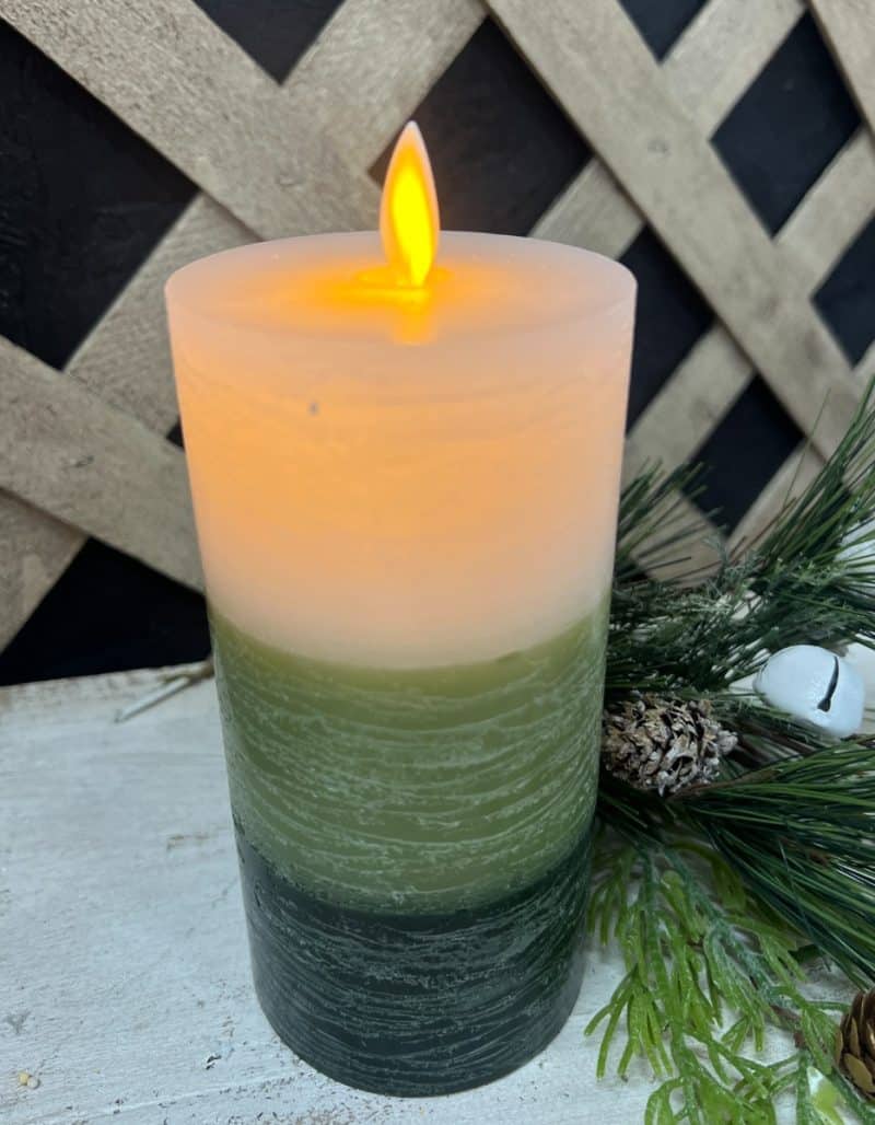 White and Green 3 Layer Rustic Finish Moving Flame LED Candle 3in by 6in