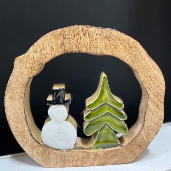 Enamel Snowman with Tree 8x7in