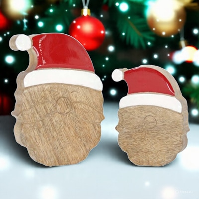 Set of Two Mango Wood Santa Faces