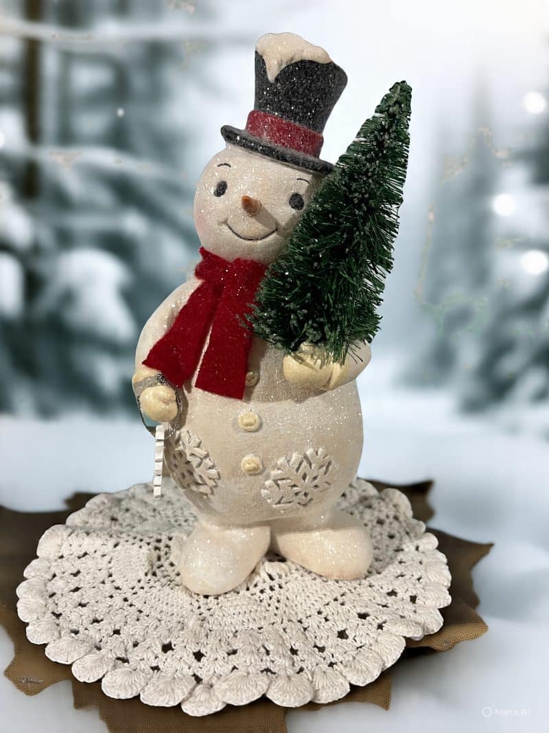 8" Paper Pulp Snowman with Tree