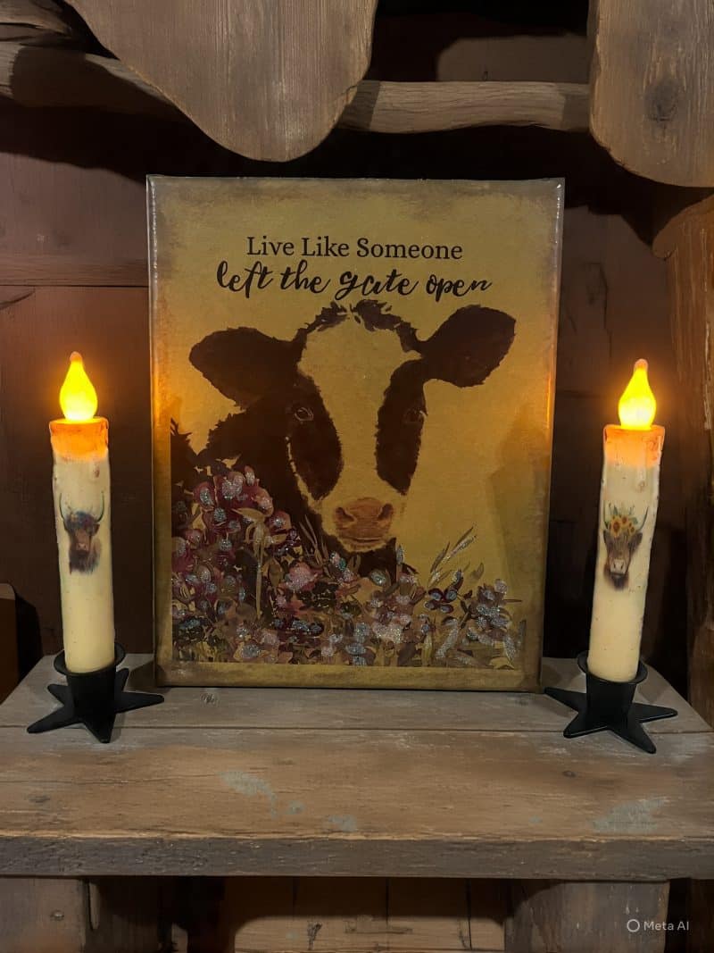 Cow With Flowers Canvas and Tapers Special Value Set