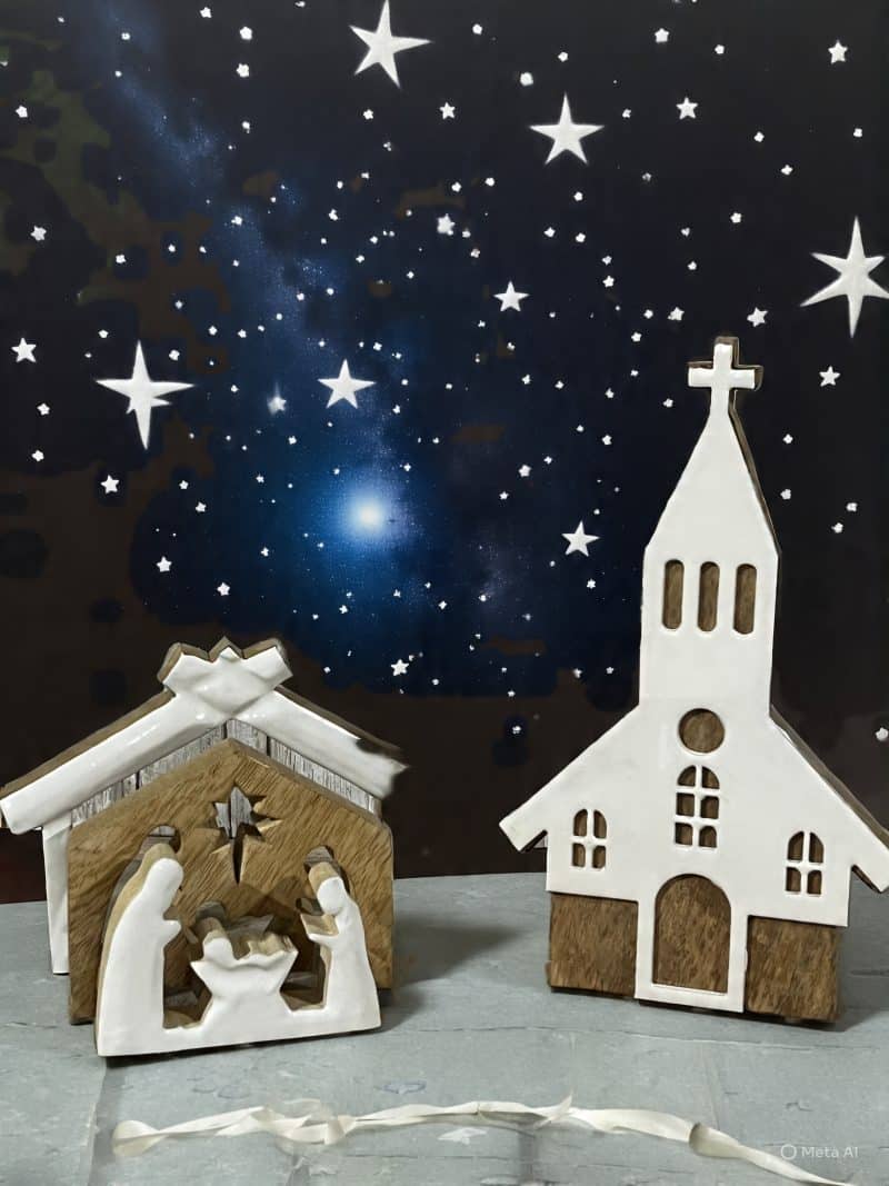 Wooden Nativity with White Enamel  and Chapel of Hope Decor Set